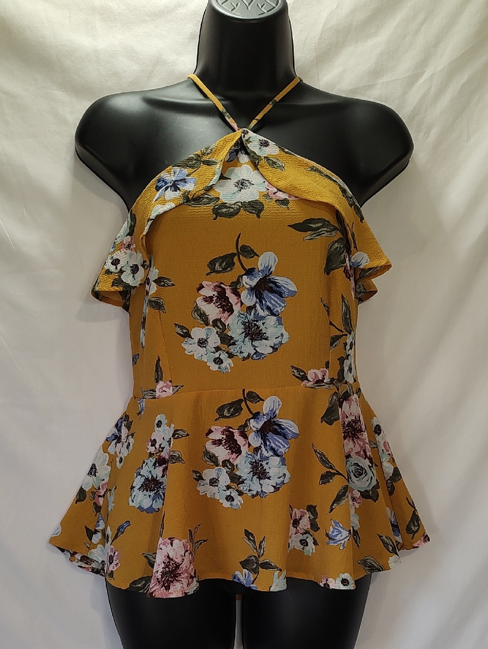 Monteau Mustard Floral Halter Peplum Camisole